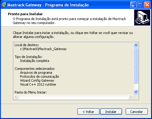 7. Nesta tela você vai informar o nome da pasta que o Maxtrack Gateway vai criar dentro da pasta Programas no Menu Iniciar do seu Windows. Figura 10: Nome da pasta a ser criada no Menu Iniciar. 8.