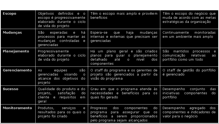 projetos, porém, características comuns também são percebidas e devem ser, ambas, consideradas na gestão do portfólio.