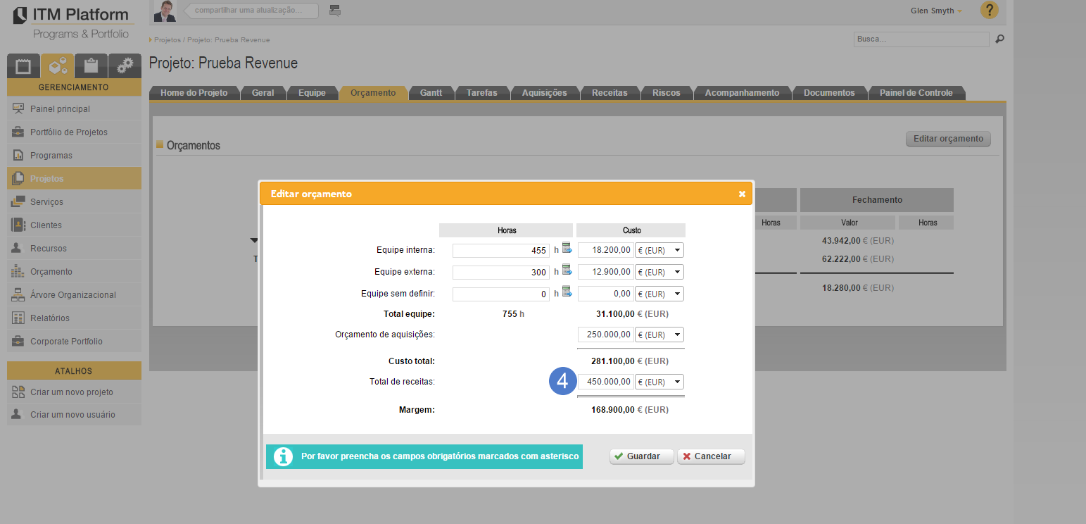 10. Receitas Orçamento de receitas Em qualquer projeto poderá prever receitas futuras e refleti-las no orçamento.