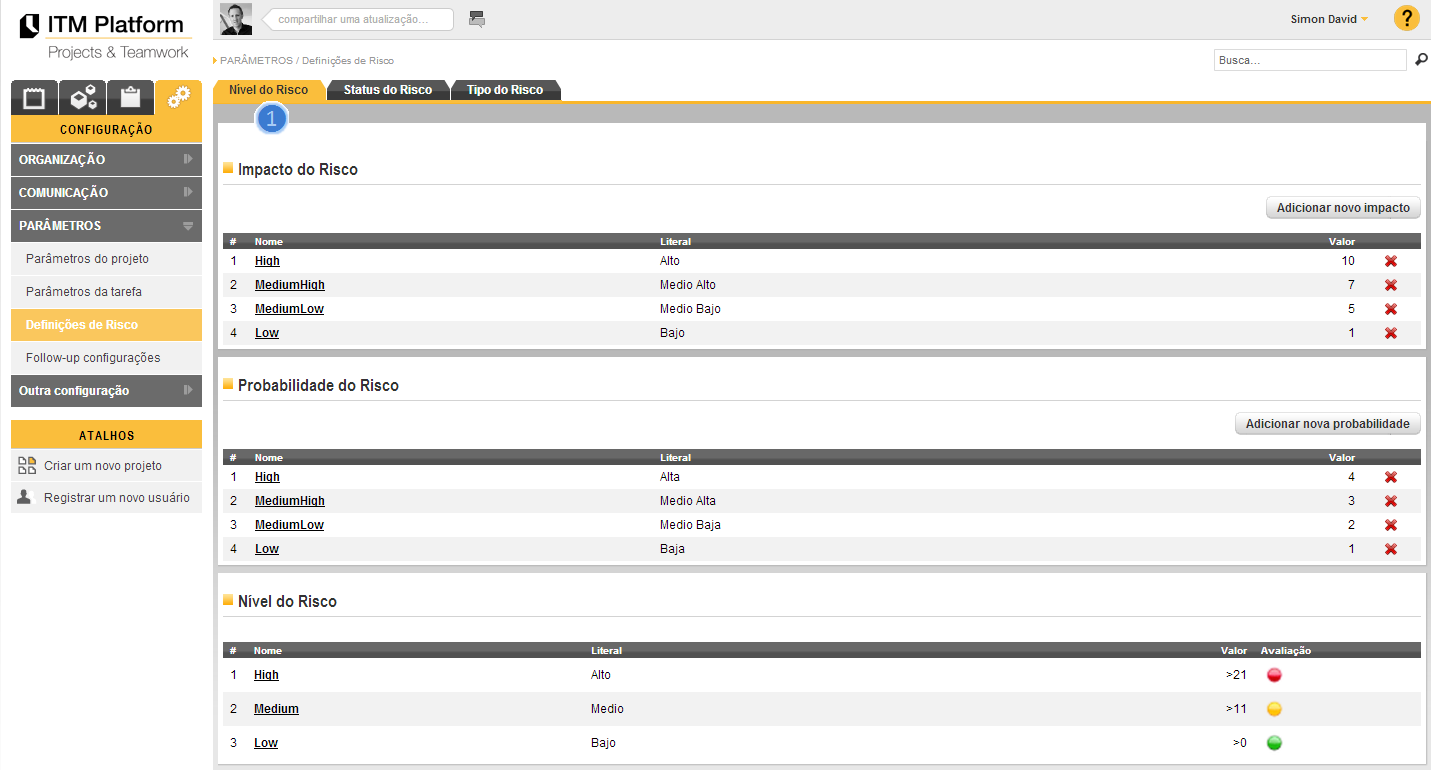 18. Riscos O ITM Platform permite identificar e gerenciar riscos referentes aos projetos, ou seja, os possíveis acontecimentos que afetariam negativamente o projeto.