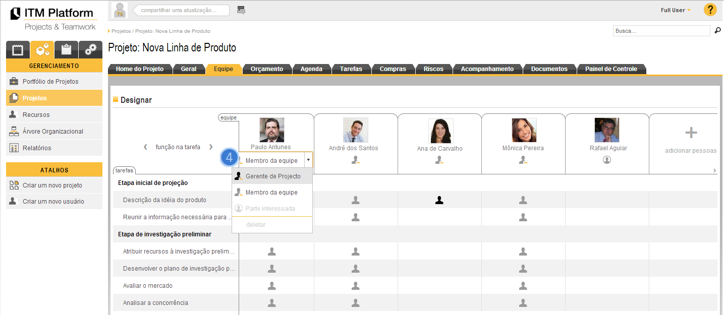 Designar usuários Depois de criar os usuários você poderá designá-los aos projetos e às tarefas. Clique em Projetos ❶ e selecione um projeto onde deseje designar a Equipe ❷.