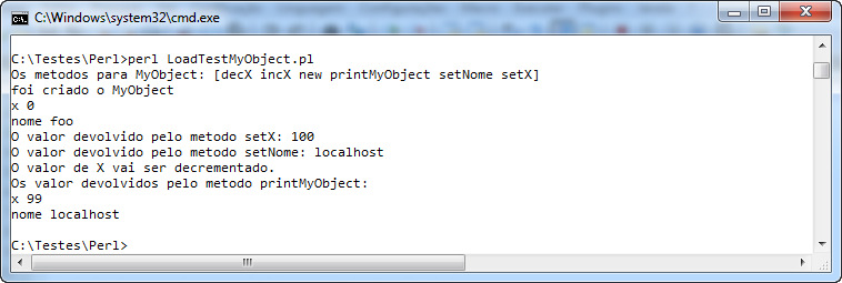 Figura 34 Execução do carregamento dinâmico de Perl em ambiente Windows Na Figura 34 é possível visualizar a execução do programa em ambiente Windows, denotando-se a listagem ordenada da informação