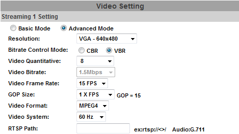 BASIC MODE COM BITRATE EM CBR BASIC MODE COM BITRATE EM VBR RESOLUTION Permite selecionar a o nível de resolução da câmera. Temos as opções: VGA-640x480, QV- GA-320x240 e QQVGA-160x120.