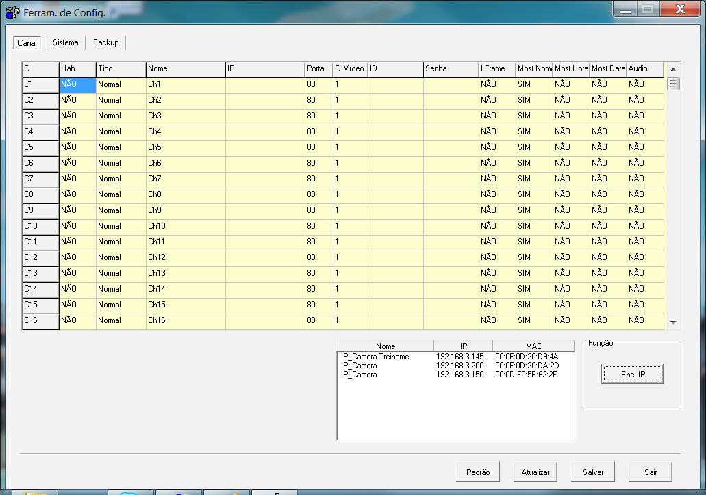 ENC IP É uma função que o sistema possui para fazer uma varredura na rede local e descobrir as câmeras conectadas nela e ainda fornecer o endereço IP configurado em cada uma delas.