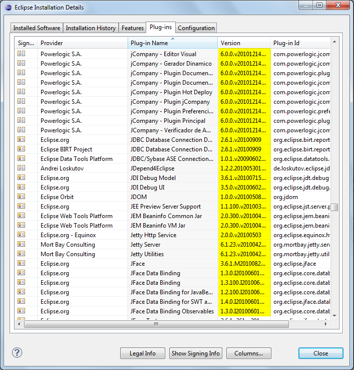 Capítul A2 Figura A6.5. Versões detalhadas de plugins hmlgads n jcmpany (bs.