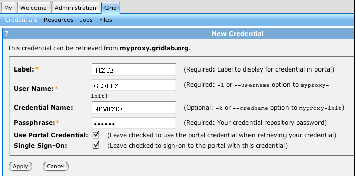 não sendo utilizado o gerenciador de jobs padrão do Globus Toolkit, e por fim o endereço da máquina e o comando a ser executado: [nemesio@nodb ~]\$ globusrun-ws -submit -F https://nodb.ufla.