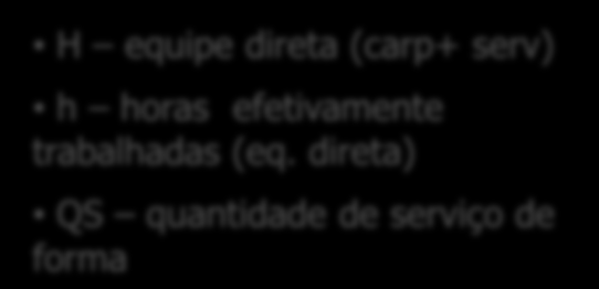 Cálculo do Indicador de Produtividade (RUP) RUP = A que período se refere? Quem incluir? H x h QS Quais considerar O que contemplar? H equipe direta (carp+ serv) h horas efetivamente trabalhadas (eq.