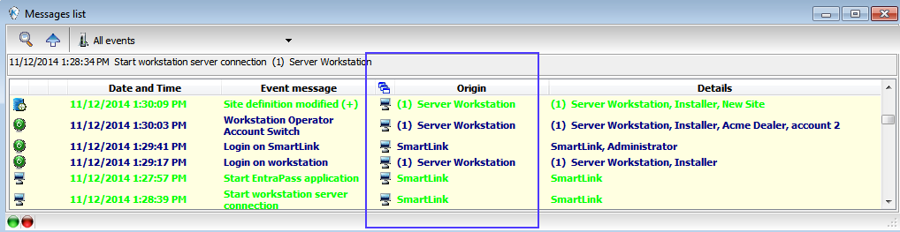Eventos organizados na lista de mensagens Agora, o EntraPass versão 6.02 mostra a origem do evento para que os operadores possam classificar e pesquisar eventos rapidamente.