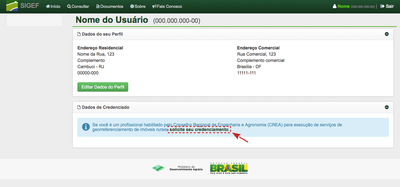 Página inicial com botão para cadastro de novo usuário Ao clicar no botão Cadastro de Novo Usuário o usuário tem acesso ao formulário para preenchimento de seus dados.