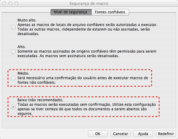 Acesso às opções de segurança de macros do LibreOffice No menu seguinte, defina o nível de segurança como Médio ou Baixo.