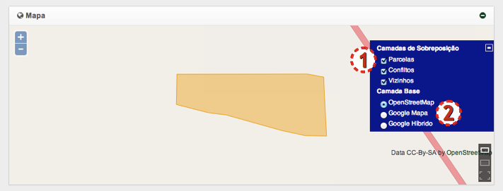 Interface de Requerimentos - Mapa da parcela No mapa há: 1) Ferramenta de zoom; 2) A parcela alvo centralizada em cor laranja; 3) Opções de visualização de camadas; 4) Tamanho do mapa.