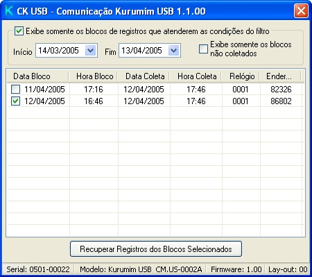 46 Ajuda do Programador Kurumim Em seguida marque os blocos que deseja recuperar e clique no botão "Recuperar Registros dos Blocos Selecionados".