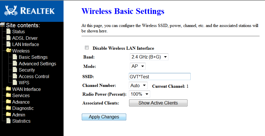 Configuração WIFI Alterando nome da Rede 1 No Menú esquerdo clique em Wireless e Depois em Basic Settings 2 Deixe a opção Disable Wireless LAN Interface desmarcada.