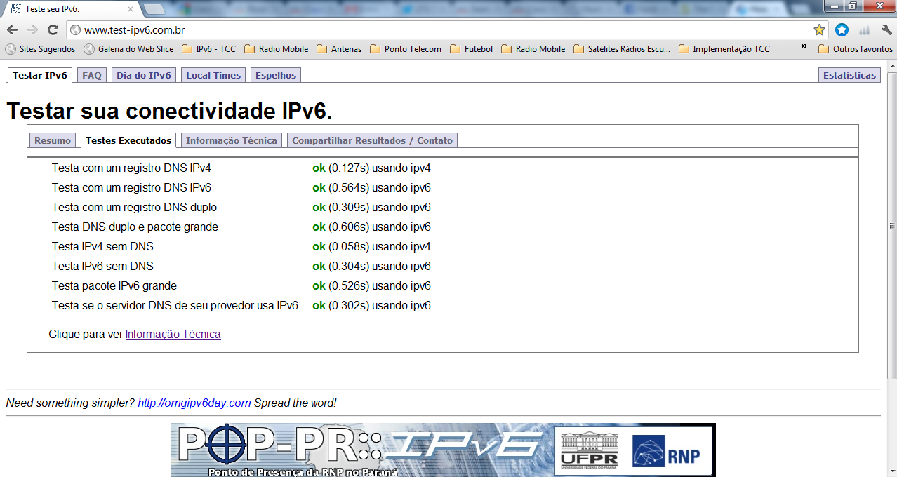 55 Figura 36: Teste de conectividade realizado em ipv6-test.com Figura 37: Teste de conectividade realizado em teste-ipv6.com.br Com o objetivo de rastrear os caminhos percorridos pelos pacotes IPv6, o comando tracert google.