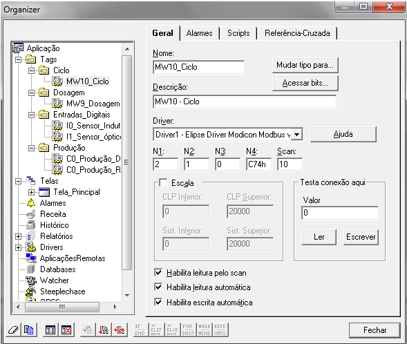 Para que a comunicação entre o CLP e o SCADA funcione corretamente, foi necessário configurar no organizer do Elipse SCADA, cada tag do CLP.