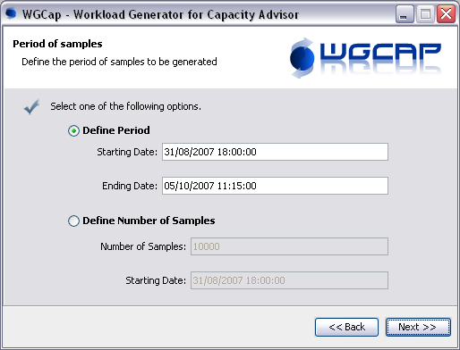 5.4 WGCAP - WORKLOAD GENERATOR FOR CAPACITY ADVISOR 87 Figura 5.10: Screenshot do WGCap - Período das amostras. sintético. A Figura 5.