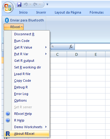 Pacote RExcel Três diferentes formas de usar o Rexcel Rexcel menu R como Add-in do Excel 1) Scratchpad mode: Executa código R escrito na planilha e transfere ariáeis entre o R e o Excel (Usa o Rexcel