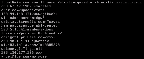 O arquivo urls apresenta a lista dos sites bloqueados ou banidos para execução. Para visualizar a lista basta executar o comando more /etc/dansguardian/blacklists/adult/urls.