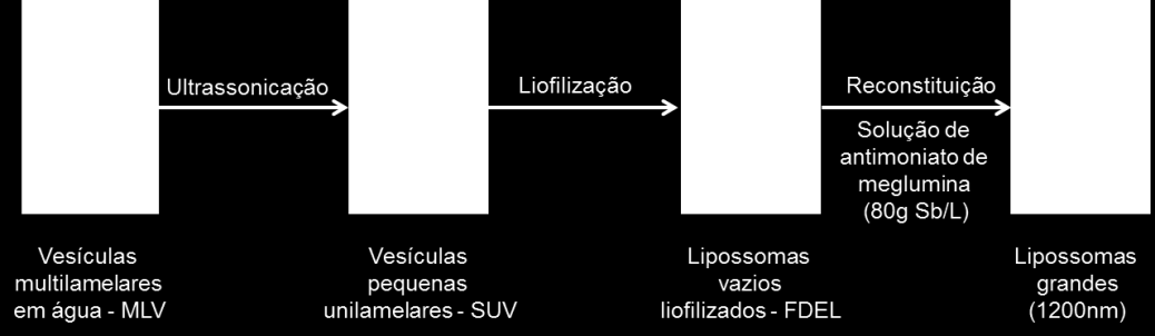 de encapsulação às formulações lipossomais de antimoniais pentavalentes (38), apresenta toxicidade quando administrado em formulações preparadas a partir do método de evaporação em fase reversa (39).