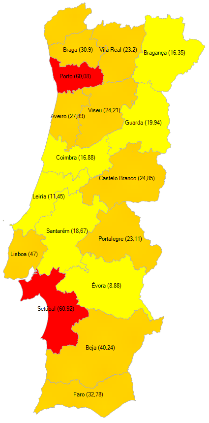 2001 2005 2010 Figura 4. Incidência de casos novos de TB notificados por 100 mil pessoas: distribuição geográfica e evolução desde há 10 anos (2001 à esquerda, 2005 ao centro e 2010 à direita).