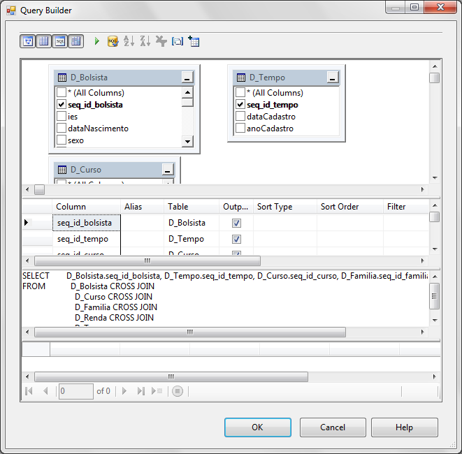Então, a partir do botão Build Query, é realizada a seleção das tabelas e das colunas a serem utilizados, conforme apresentado a seguir. Na Erro! Fonte de referência não encontrada.
