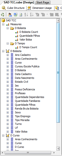 87 Figura 43: Medidas criadas sobre as dimensões Conforme apresentado na Figura 43, foram criadas as medidas D Bolsista, D Tempo e D Curso.