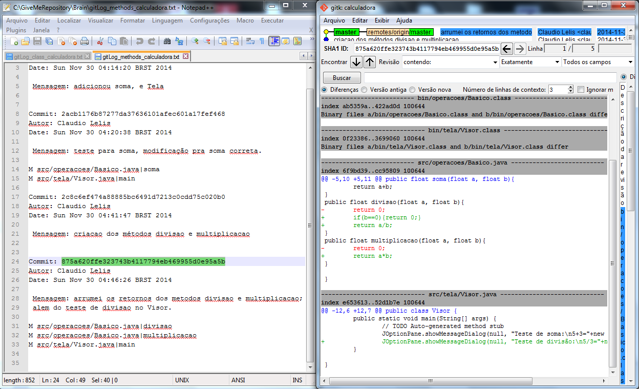 6.3 Teste 3 49 arquivo de log a nível de método. O resultado foi confrontado com as linhas alteradas informadas pelo próprio GIT, como pode ser visto na Figura 6.6. A figura mostra o arquivo gerado,
