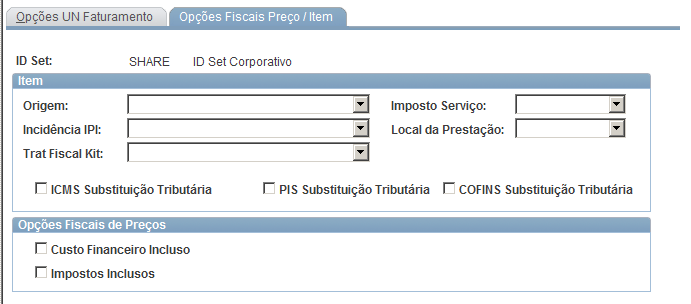 Página Opções de Faturamento Opções Fiscais Preço/Item A caixa de grupo Item possui a definição dos seguintes atributos fiscais: Origem Incidência IPI Trat Fiscal Kit (Tratamento Fiscal do Kit)