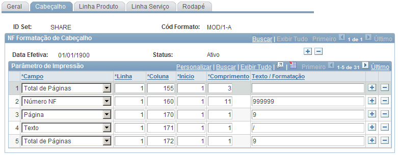 Página Formatação de NF Cabeçalho Selecione em Campo os campos que devem constar no cabeçalho da nota fiscal. Informe a posição de impressão através dos campos Linha,Coluna e Início.