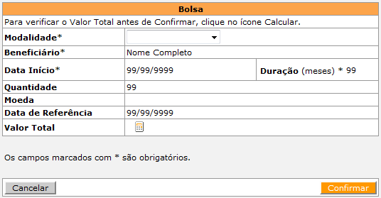 Orçamento A aba de orçamento, identificada com o nome de R$ / US$ pode ser vista na figura abaixo: Atente para as seguintes observações durante o preenchimento: Para selecionar a bolsa de Iniciação