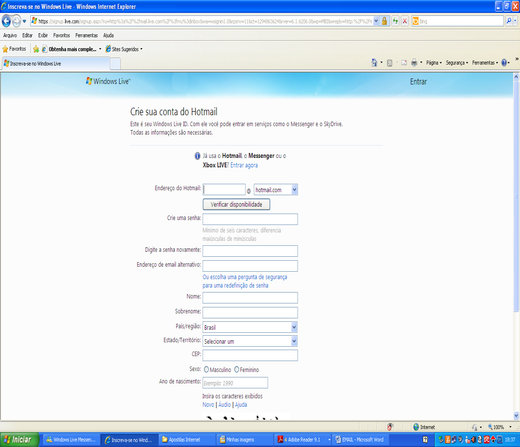 Figura 13 Criando uma conta de E-mail Preencha
