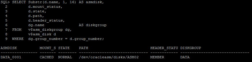 Na instance no +ASM é possível ter uma visibilidade dos discos existentes e em qual estrutura de Diskgroup ele pertente.