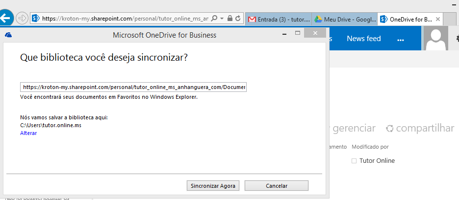 Devemos agora configurar a biblioteca do OneDrive. Na barra de ferramentas devemos clicar sobre o ícone do OneDrive e Sincronizar uma nova biblioteca. Devemos fornecer a url da biblioteca do OneDrive.