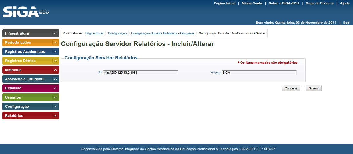 Após selecionado a opção configurações do servidor de relatórios irá surgir uma janela, figura 5.2 para você poder configura-lo basta clicar em editar que ira aparecer a figura 5.