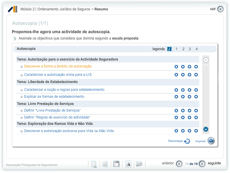 Área de Autoscopia A Área da Autoscopia é composta pelos objectivos específicos do módulo e por uma grelha onde poderá classificar o seu domínio do objectivo em questão.