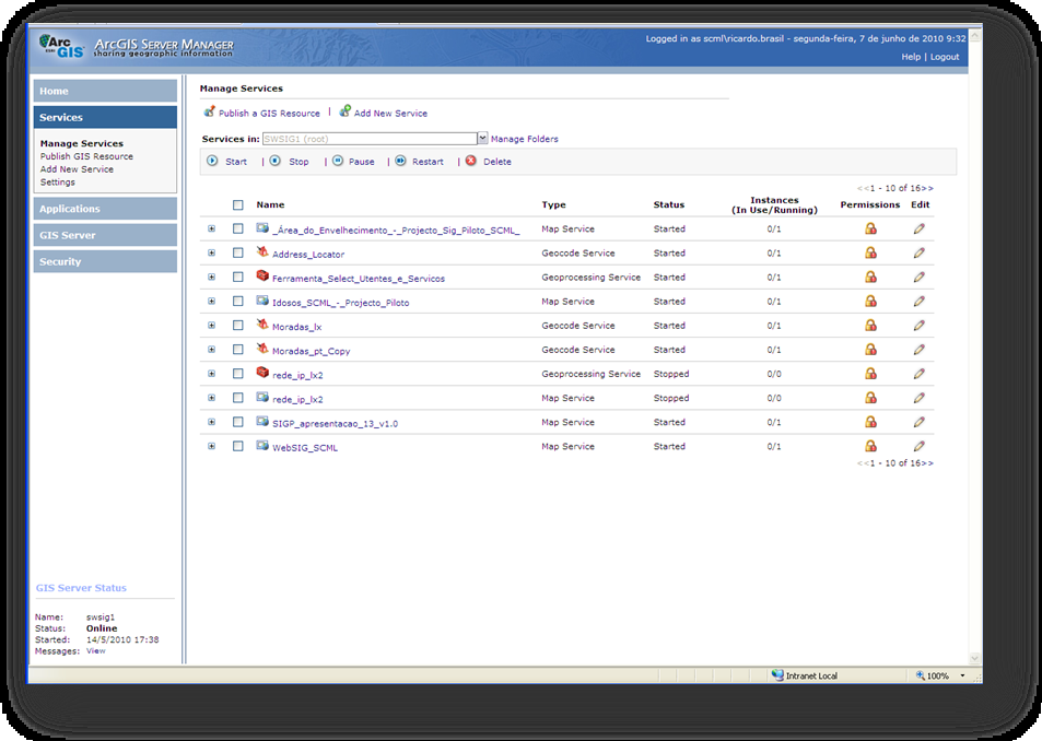 Figura número 7 ArcGIS Server Manager área de gestão de serviços Fonte: GIM, 2010
