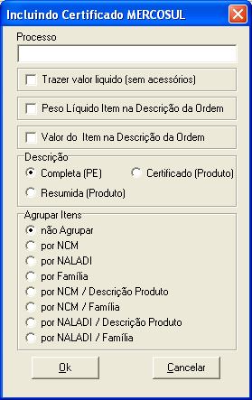 No Campo processo você informará a referencia de seu Pedido de Exportação, agora veremos os demais parâmetros: - Trazer valor líquido (sem acessórios): Existe um cadastro de Acessórios que podem