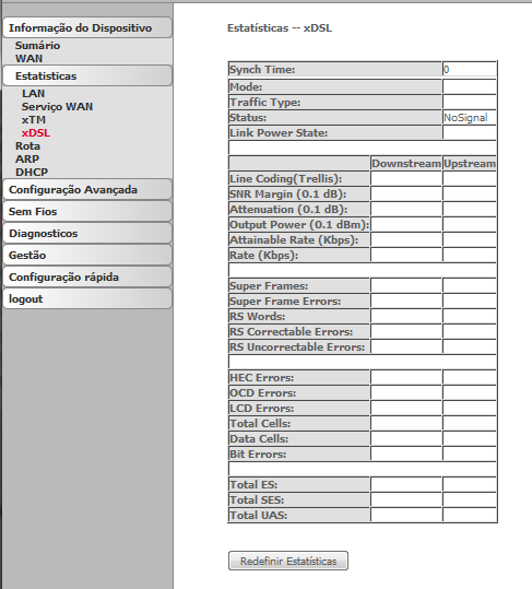 P.DG A4001N ESTATÍSTICAS >> XDSL Aceda às estatísticas DSL a partir do router clicando em Estatísticas >> xdsl.