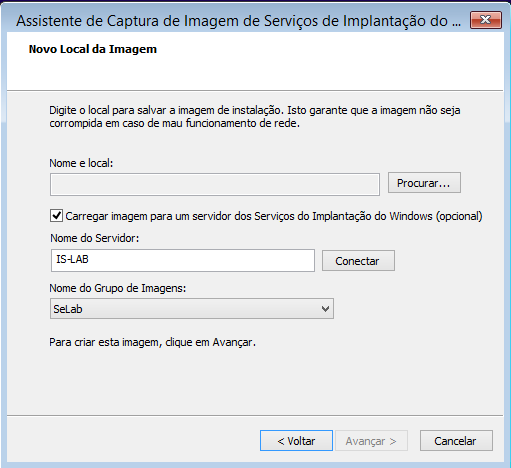 Em Nome do Grupo de Imagens: selecione SeLab. Clique em Procurar... e salve no diretório \\fs-lab\lab_imagem\wds com o nome de Windows 7 Nova Versão.wim, será pedido outro login, use o da intranet.