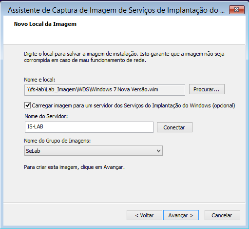 2.1.5 Versão e validação da imagem para produção É responsabilidade do administrador do servidor de imagens verificar as alterações feitas e mudar o nome da imagem de Windows 7 Nova Versão para