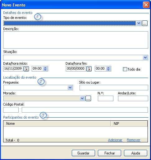 Figura 15 Janela para criar um novo evento Na área de detalhes do evento são introduzidos os dados relativos ao novo evento.