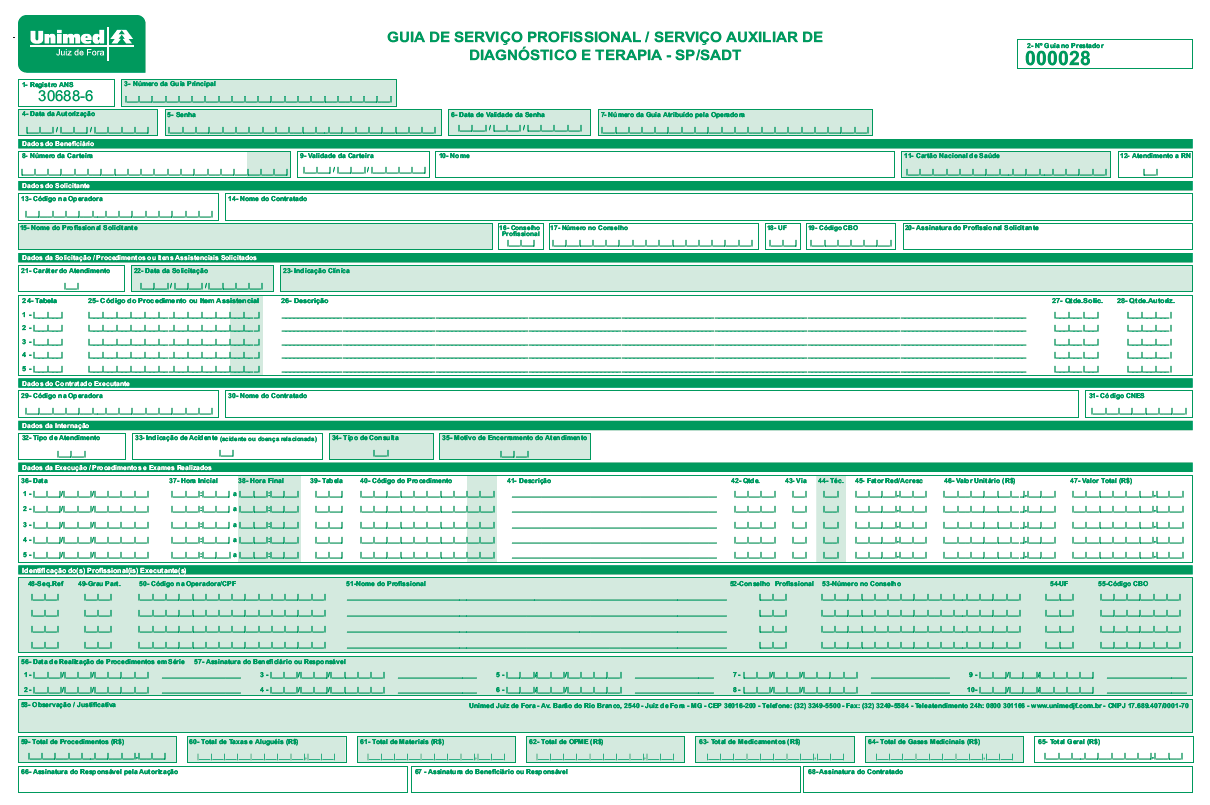 Guia de SP/SADT Guia comprobatória de atendimento aos serviços auxiliares de diagnóstico e terapia, como exames simples, fisioterapia, tomografia, dentre outros.