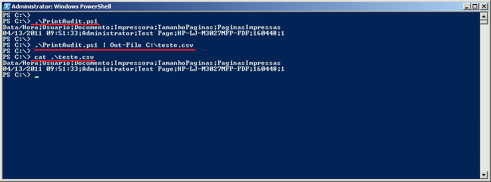 35. Finalizando nosso script, podemos exportar sua sai para o arquivo CSV, executando o comando, por exemplo:.\printaudit.ps1 Out-File c:\auditoria_impressão.