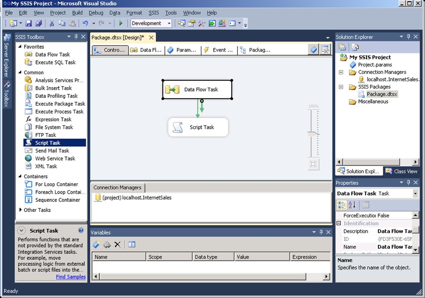 Package-level Parameters Data Flow Tab Event Handlers Tab Package Explorer Solution Explorer