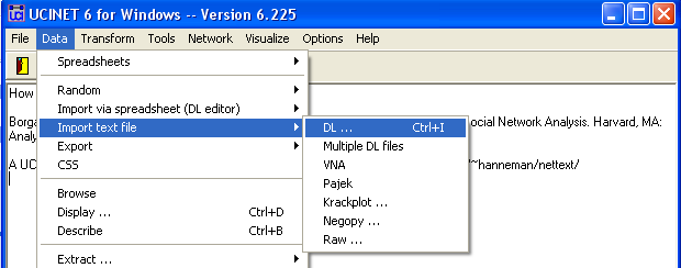 A tela inicial do UCINET é apresentada na figura 3.37. Figura 3.37 Tela de abertura do UCINET Para importar o arquivo gerado pelo Sitkis, no menu Data, selecione a opção Import text file e depois DL.
