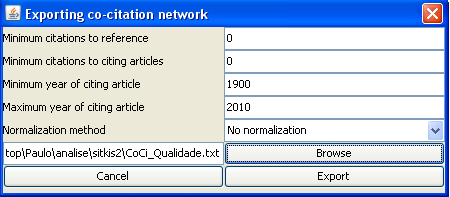 Figura 4.48 Tela de Citations e co-citation network no Sitkis Assim, como em outras janelas similares, abre-se uma caixa de diálogo (vide figura 4.