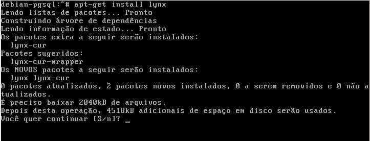 Efetuando o download dos fontes Para você não perder o hábito de navegar na Internet, vamos instalar um navegador de modo texto para podermos ir ao site do PostgreSQL baixá-lo de lá.