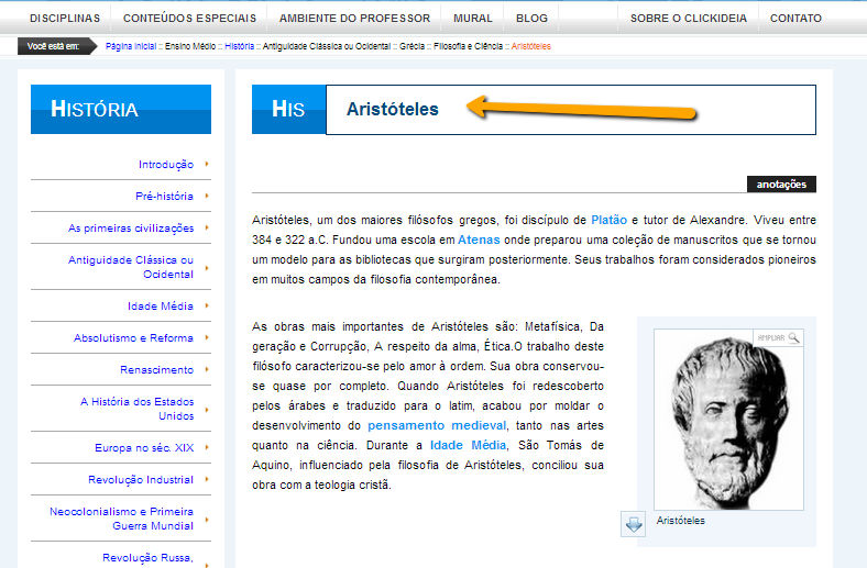 Clicando em Aristóteles você será remetido ao conteúdo de História.