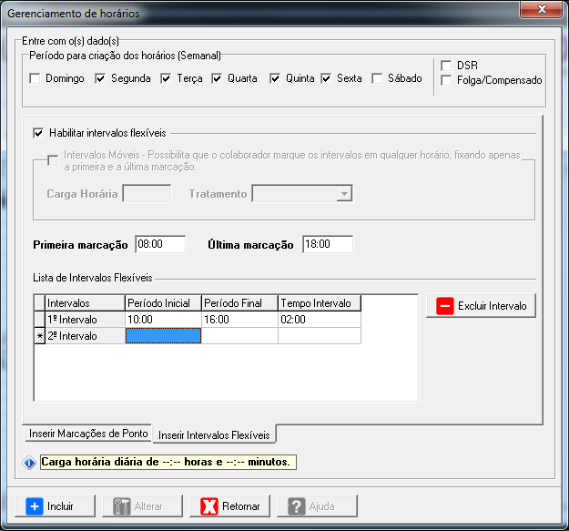 Feito isso iremos escolher quais os dias serão inseridos no quadro de horário e marcar a opção Habilitar Intervalos Flexíveis, serão habilitados alguns campos que devem ser preenchidos.
