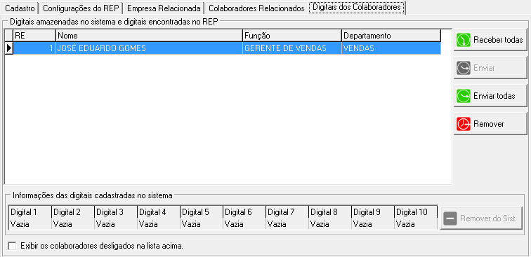 ----------------------------------- Primeiramente vamos receber todas as digitais cadastradas no REP para isso clicaremos no botão Receber todas.